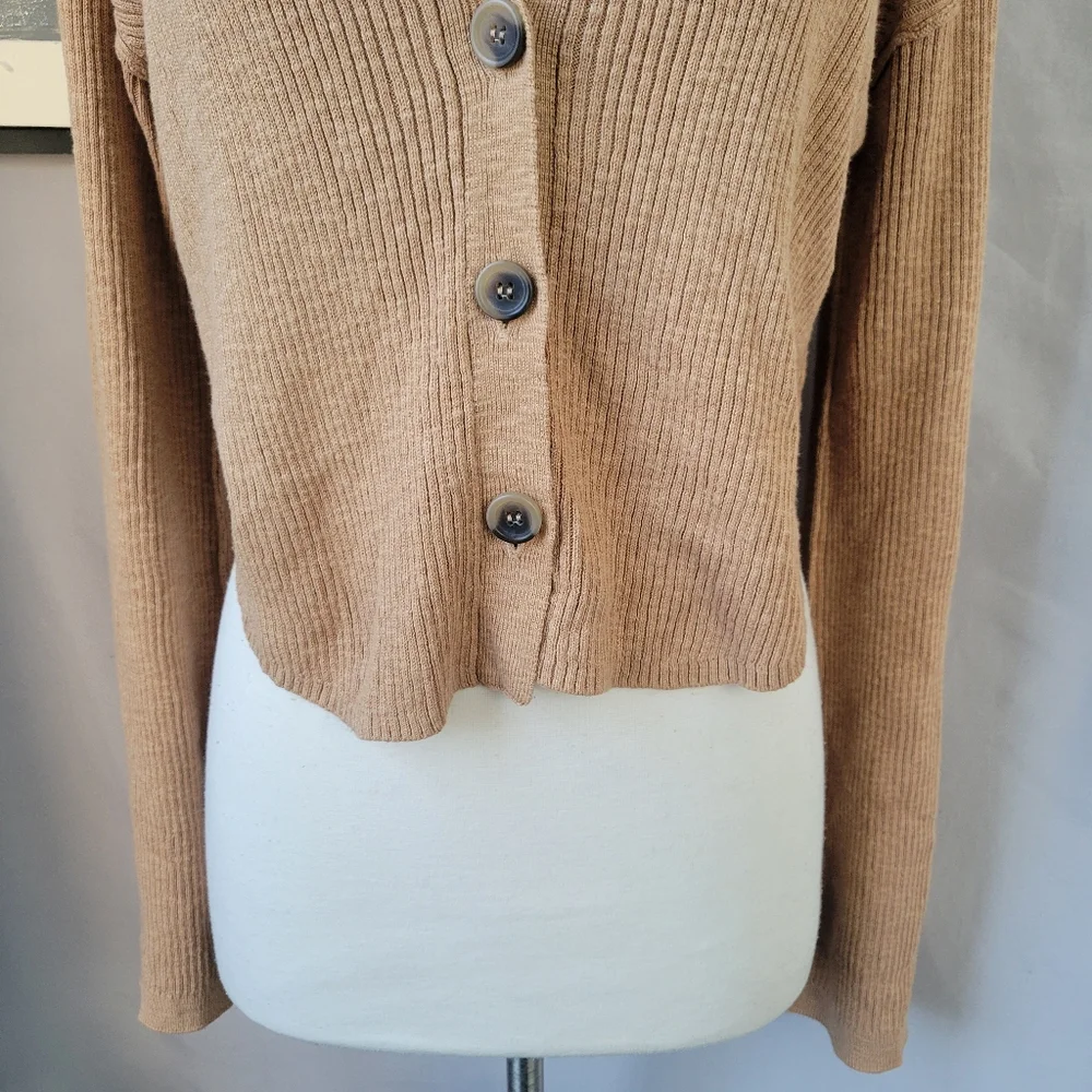 Free People Ella Button-Up‎ Ribbed Cardigan Sweater Iced Coffee Tan S